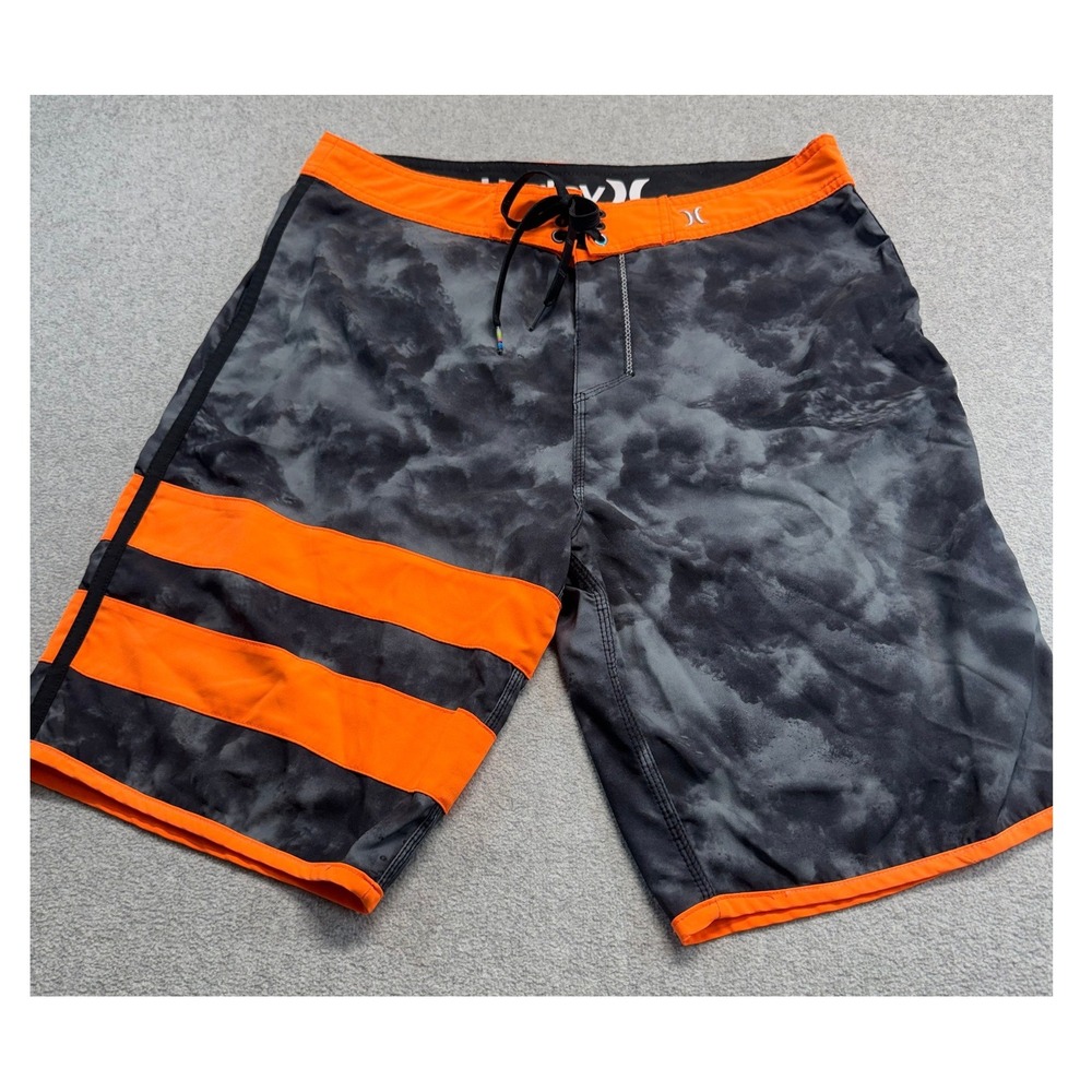 Hurley Men 32 Board Shorts Gray Black Orange Stretch Surf Swim Trunks Activewear